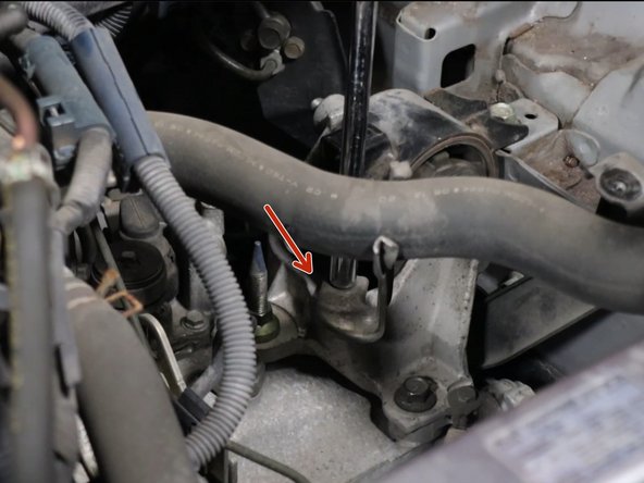 Remove the coolant hose bracket from the top of the transmission bracket.