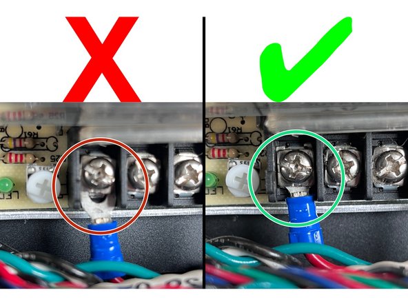 It is very important to double-check the connection of all your wires to the wire terminals. Make sure each wire is installed correctly and secure.