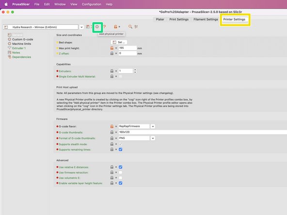 Select the Printer Settings tab located in the center top of the Prusa Slicer window.