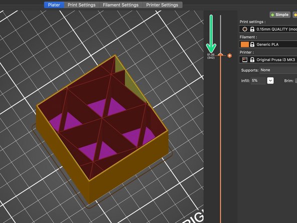 Select and drag the slider handle which appeared after slicing your model, this will allow you to see the internal structure of your part.