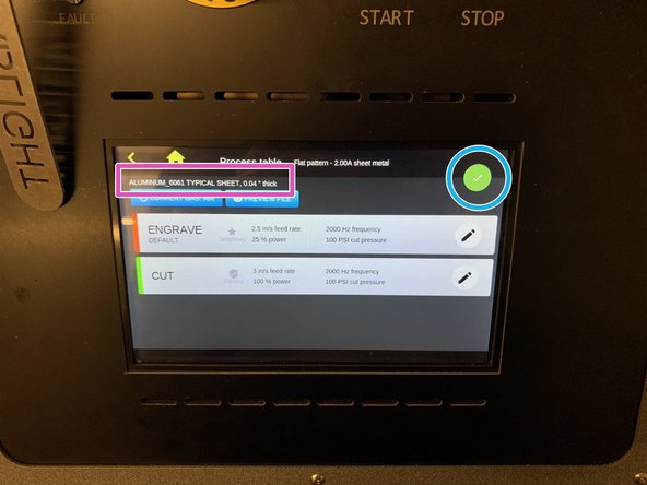 The following screen will display information on laser power, speed and frequency, etc. for each process, as well as information about material and thickness.  Verify the material and thickness are accurate for the material you will be cutting.