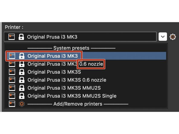Open the Printer dropdown menu and select the appropriate printer.  Printers listed without a nozzle size after the name use the stock 0.4 mm nozzle size.  All printers in the shop using anything other than a 0.4 mm nozzle are clearly labeled with the nozzle currently installed.