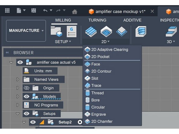 Når setup er ferdig, er det tid for å opprette selve jobben. Da har vi to hovedvalg, 2D contour og 2D pocket