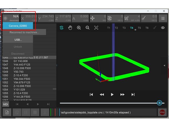 Åpne opp Carvera Controller på PC. sørg for at du er koblet til Makerspace Nett. Trykk på knappen i øverste venstre hjørne og trykk deretter på Carvera_02880 for å koble til (se bilde 1)
