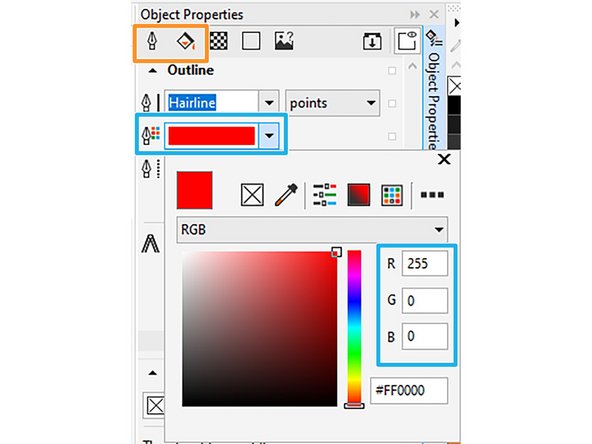 Colors can also be set in the Object Properties by using the color dropdown menu and entering the RGB values manually.