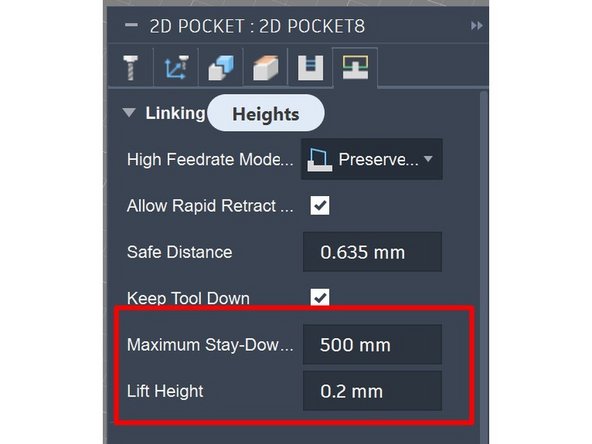 på "linking" fanen endrer man "maximum stay down" til 500mm og "lift height" til 0.2mm