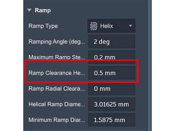 litt ned på siden under "ramp" endrer man "Ramp Clearance Height" til 0.5mm