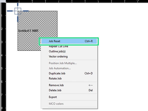 Once you have cut your file, you must reset it if you wish to cut it again.  It will appear on screen as a block of hatched lines.  In order to cut it again, right click on it and select Job Reset.