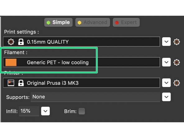 From the Filament dropdown menu, select the filament you will be using.  typically the 'generic' settings work fine.