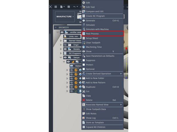 Når simulering er ferdig og vi er klare for å kjøre jobbene kan vi "post processe" dette er prosessen som gjør om våre jobber til GCODE filer som maskinen kan kjøre