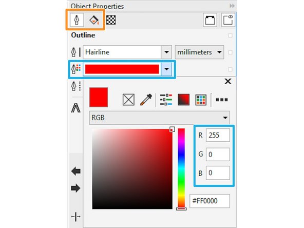 Colors can also be set in the Object Properties by using the color dropdown menu and entering the RGB values manually.