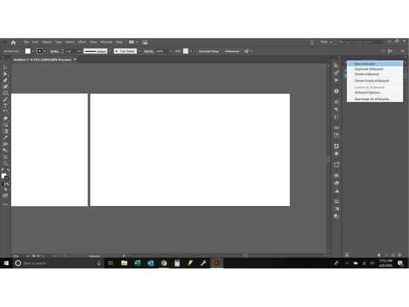 Start by clearing your artboard.  Next click window ==&gt; artboards. A new panel will pop up on the far right of the screen.  Click the menu button on that panel (3 horizontal lines stacked), then click new artboard.