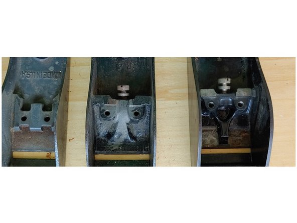 Upon examination of the casting and milling of the frog you can see the left plane has no millwork done, it is just as cast at the foundry. You can also see that the screws are a one piece part, where the other two are a heavy screw with a thick washer which is more mechanically sound.