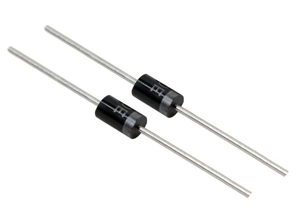 Diodes are small and look like black and silver or glass resistors. They are often polar! so it matters which way you connect them in. Make sure you look for a stripe closer to the end on one side and that’s your cathode (-) side.