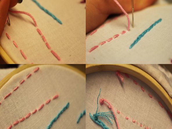 Insert the needle back through the front of the fabric a bit ahead of where the thread was just pulled through