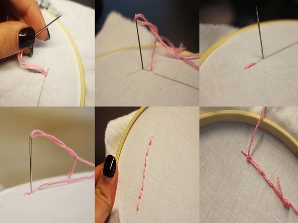 Pull the needle and thread back down into the fabric, this time starting behind where you just pulled the thread up