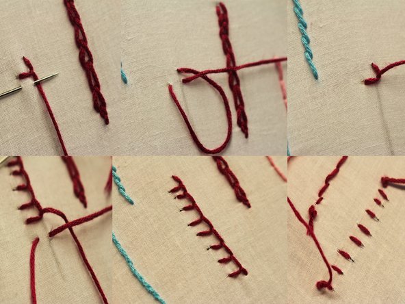 Next, like the chain stitch, insert needle into and back up through the fabric, this time starting a bit below and to the right of where the thread was just pulled through