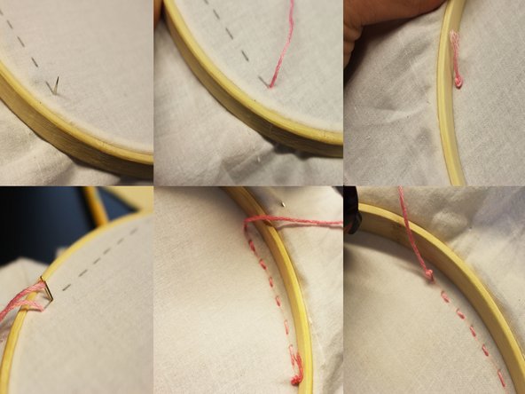 Starting from the back of your fabric, poke the needle up into the fabric at the beginning of the dotted line