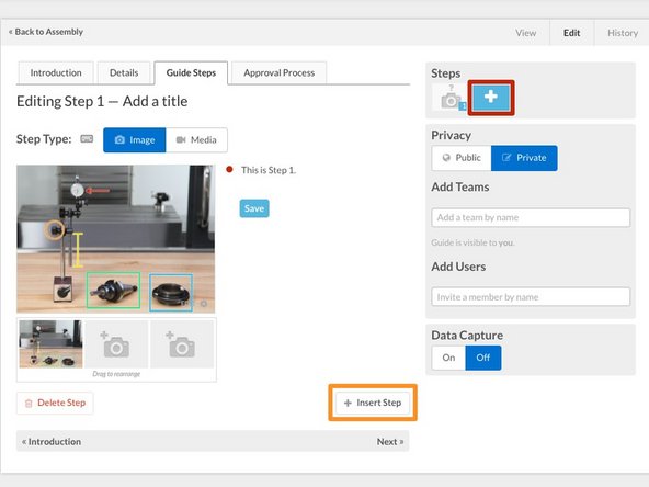 To add a new step, click the + icon in the top-right corner (Step section) of the page. This option will add a new step to the end of the guide.