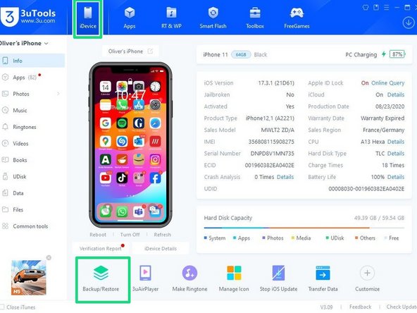 Click 'iDevice' on the top navigation bar.  This will reveal all of the iPhone data.