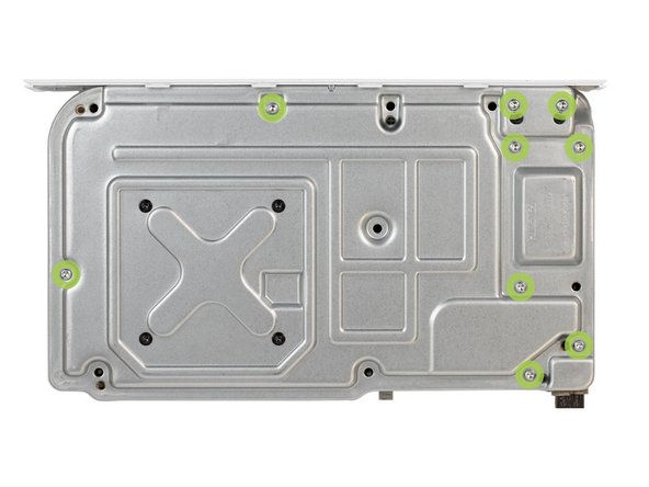 The power supply and fan is secured to the chassis with 9 11.3 mm-long screws, remove these to remove the power supply and fan from the chassis.