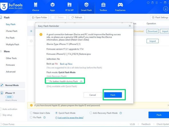 This will bring up a pop up Menu, click the box for 'Fix battery health during Flash' &amp; then click 'Flash'.