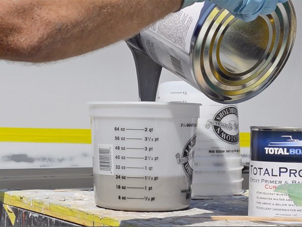 If you’re doing a large project and plan to use the whole container, just pour the entire can of curing agent slowly into the can of base. The base container comes partially empty for applications using the whole mixed amount (gallon).