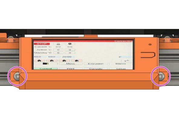 Secure the PanelDue to the extrusion via the LCD supports with 2x M5x10mm screws.