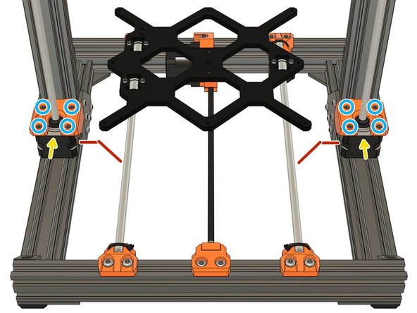 Secure the Z motors in place with 8x M3x10 screws (reused from your original Prusa). Press the motor in the direction of the yellow arrows while tightening the screws evenly, incrementally and in turn.