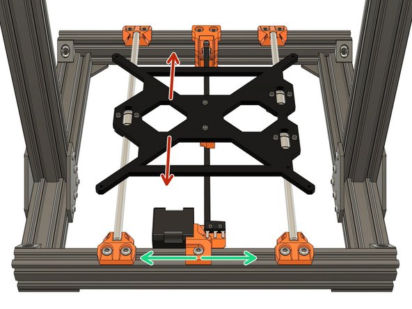 Adjust the position of y_idler_mount and y_motor_mount using their M5 screws. Try to have the belt riding centred as best as possible on the pulley (motor side) and the idler (tensioner side).