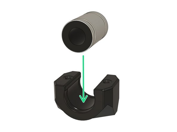 Insert the LM8UU bearings in the each of the 3x y_bearing_holders.  Each bearing should be centred in the bearing holder. There are ridges in the plastic part which will align with the grooves in the LM8UU bearing.