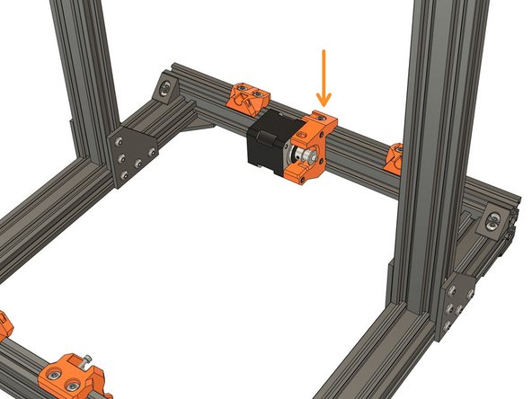 Install the y_motor_mount on the extrusions in the back. Do not fully tighten the screws. We will set the position in a later step.