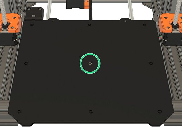Add one of the M3 flat head screws and secure the bed in the centre. Do not fully tighten the screw yet.