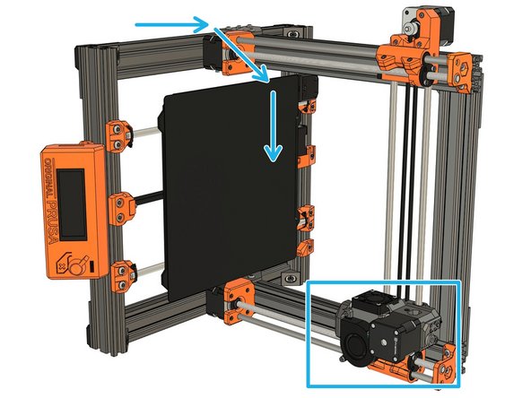 Rotate the frame to the right side. Carefully guide the extruder to the right. Do not let it slide freely into the x-ends..