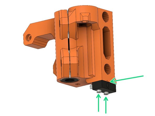 MK2.5S only: Use two M2x12 screws to attach the x-endstop switch. Ensure the correct orientation of the switch. The microswitch should be oriented so that it is closest to the v-notch in the printed part.