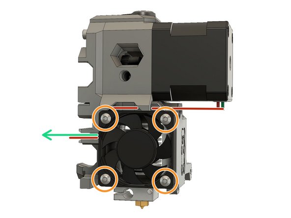 This surface will be touching the extruder_body. It is the side with the manufacturers label on it. The wires come out from this side and the fan should be oriented so that they point towards the rear of the extruder.