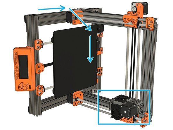 Rotate the frame to the right side. Carefully guide the extruder to the right. Do not let it slide freely into the x-ends..