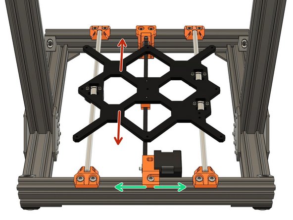 Adjust the position of y_idler_mount and y_motor_mount using their M5 screws. Try to have the belt riding centered as best as possible on the pulley (motor side) and the idler (tensioner side).