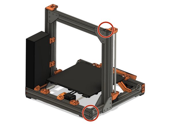 Remove the Z end cap on the left Z extrusion and on the left end of the back XY-frame extrusion (left when standing in front of the printer) .