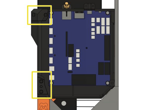 Gather all the bed wire (with the nylon cable and the textile sleeve) on the bottom left opening and secure them with them with the board_cable_clamp_bed and 2x M3x10 screws.