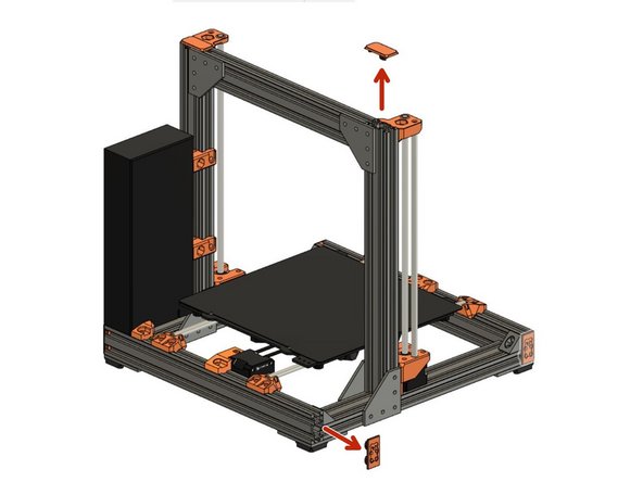 Remove the Z end cap on the left Z extrusion and on the left end of the back XY-frame extrusion (left when standing in front of the printer) .