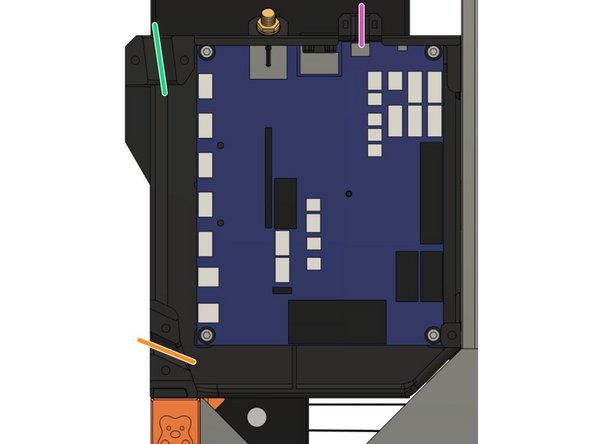 Gather all the extruder wire (with the nylon cable and the textile sleeve) on the top left and secure them with them with the board_cable_clamp_extruder and 2x M3x10 screws.