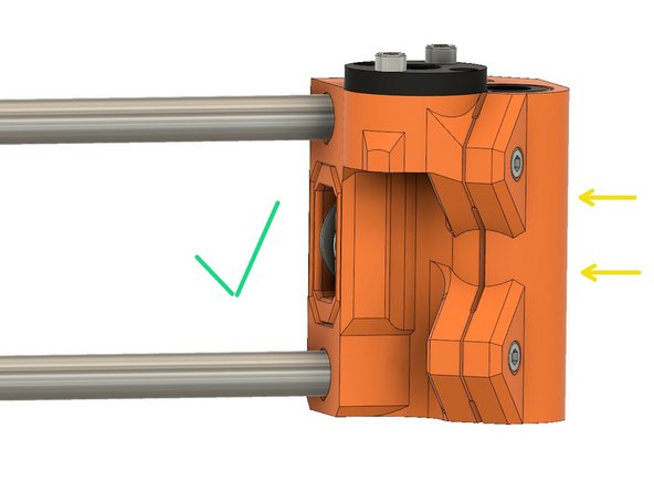 Adjust the two x_end_idler screws so that the x_end_idler_tensioner is flush with the x_end_idler,  as shown in the first image.