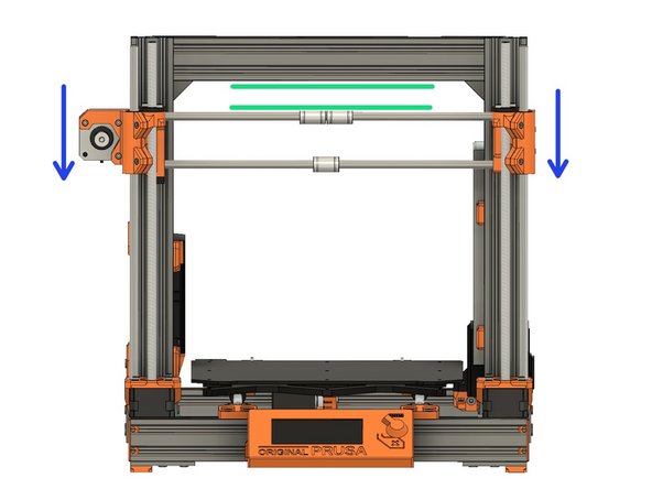 Carefully slide the X axis assembly onto the Z-axis. Rotate both lead screws to engage the X axis in the trapezoidal nuts.