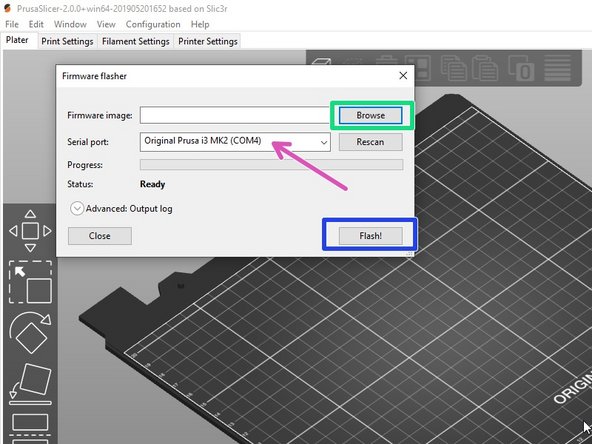 Start PrusaSlicer and navigate to the top menu Configuration -&gt; Flash print firmware
