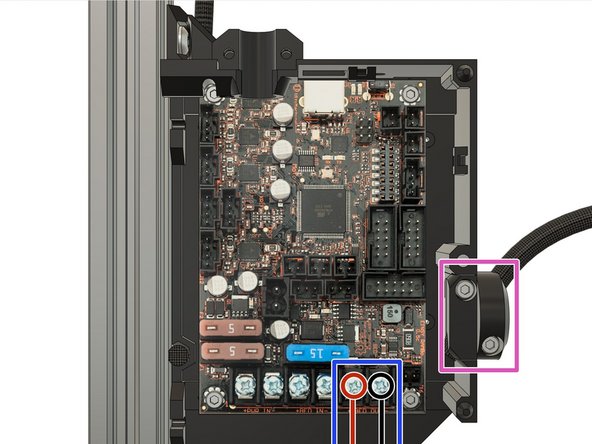 Insert the heated bed wiring and textile sleeve (or spiral wrap) through the right of the electronics cover. Secure them with the printed part and 2x M3x10 screws and 2x M3 square nuts.