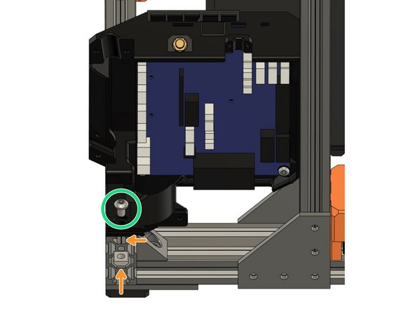 Insert a M5x8mm screw in the pocket where the case sits on the back extrusion of the XY frame.
