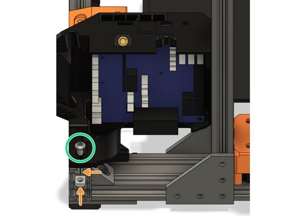 Insert a M5x8mm screw in the pocket where the case sits on the back extrusion of the XY frame.