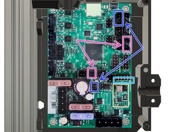We are now going to connect the PINDA, left hotend fan and filament sensor. This steps is slightly different for the MK2(S) and the MK2.5(S). The 1st image shows MK2(S) connections and the 2nd and 3rd images show MK2.5(S) connections (via adapters).