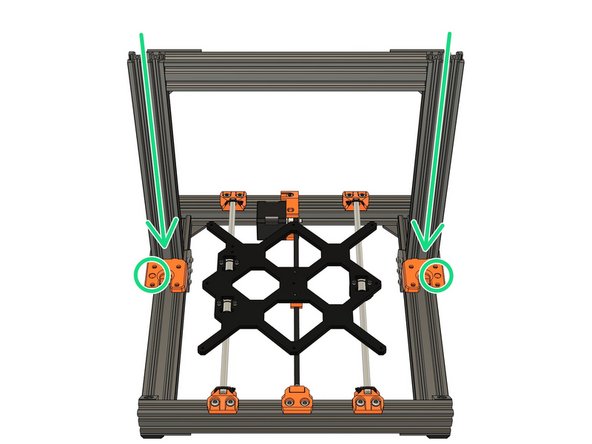 Slide the z_motor_mount from the top of the frame, slotting the t-nuts into the extrusion channels. Note the orientation, the hole for the Z smooth rods should be to the outside the frame